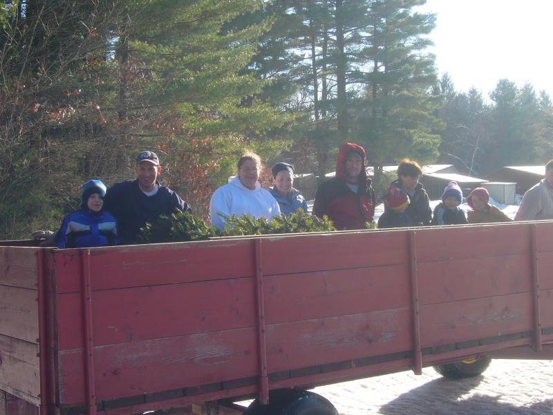 Families riding a hay wagon to the fields on a bright morning